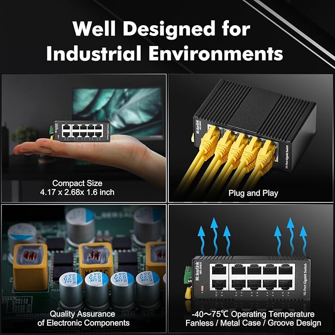 MokerLink 10 Port Gigabit Industrial DIN-Rail Ethernet Switch, Unmanaged IP40 Network Switch (-40 to 185°F), Mini Size, with Power Supply