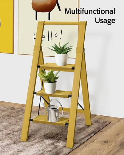 Taranta 3 Step Ladder, Lightweight Aluminum Step Stool with Convenient Handgrip, Folding Ladder with Anti-Slip Pedals, 330lbs Capacity Stepladder for Home, Office, Kitchen - Twilight Yellow