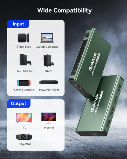 HDMI Switch 5 in 1 Out 4K@60Hz, GANA HDMI Splitter Switcher with Remote, Aluminum HDMI 2.0 Switch Box Hub for 3D, HDCP2.2, HDR, Compatible with Xbox, PS5/4/3,Fire Stick,Roku,Blu-Ray Player, Green
