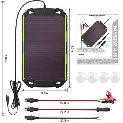 Sun Energise 5W 12V Solar Battery Charger Maintainer PRO, Built-in Smart MPPT Charge Controller, Waterproof 5 Watt 12 Volt Solar Panel Trickle Charging Kits for Car Boat RV Marine Trailer Camper
