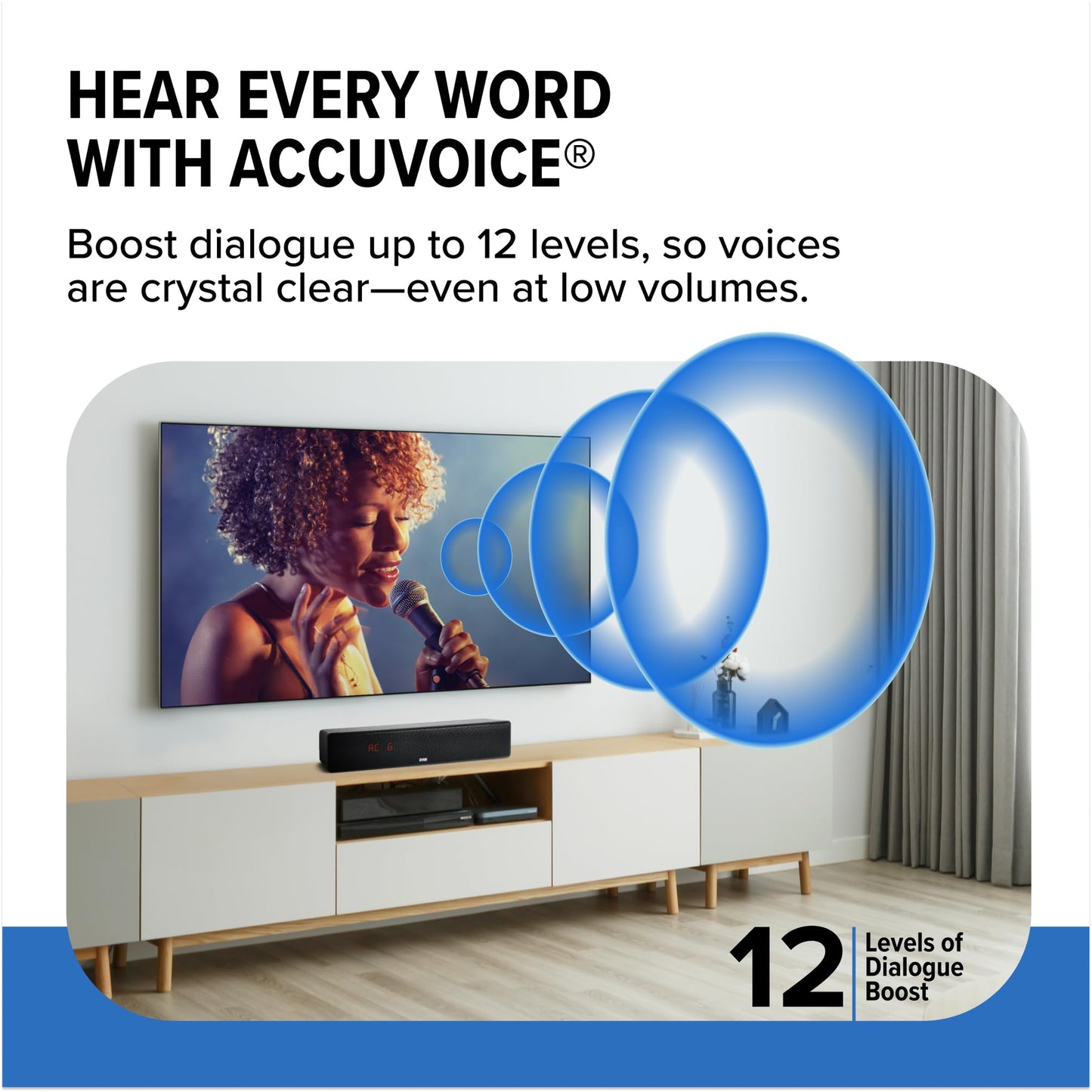 ZVOX Dialogue Clarifying Sound Bar - Patented Hearing Technology, AccuVoice TV Sound Bar with 12 Levels of Voice Boost, 17" Home Theater TV Speakers, Ideal for Smart TVs - AV157 Black