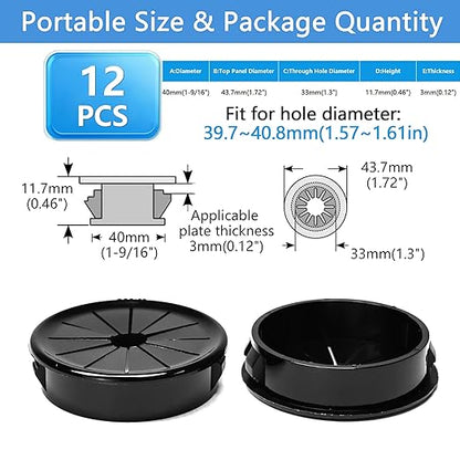 12 Pcs Cable Grommet, Snap Bushing 1-9/16" (40 mm) Mounting Diameter, Flexible Petal-Shaped Buckle Round Nylon Desk Grommet for Wires Through Countertop Cord Organizer and Protection, Black