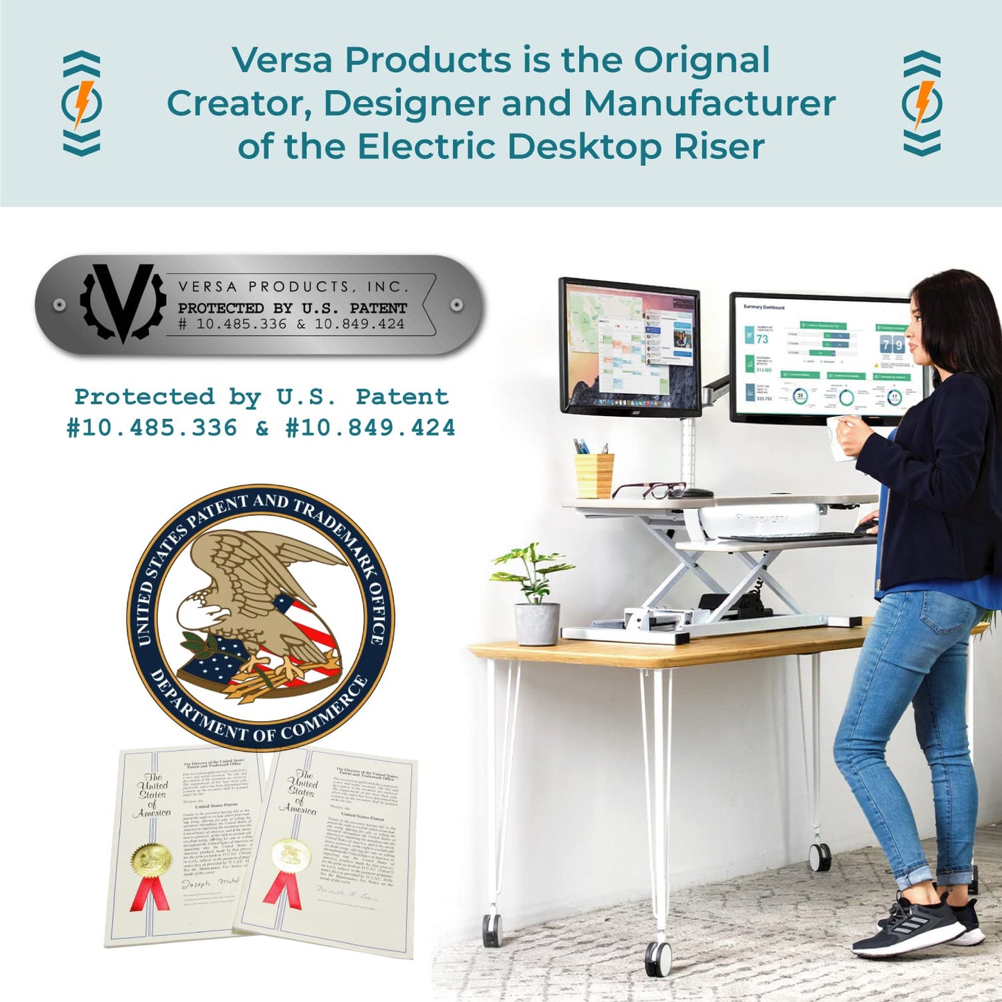 VERSADESK PowerPro 48 Inch Electric Standing Desk Converter – Push-Button Height Adjustable Sit to Stand Desk Riser for Multiple Monitors – Motorized Desktop Workstation with Wide Keyboard Tray