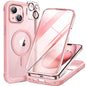 Miracase Glass Series for iPhone 15 Case [Compatible with MagSafe] Full-Body Magnetic Case with Built-in 9H Tempered Glass Anti-Fingerprint Screen Protector + Camera Lens Protector, Pink and Clear