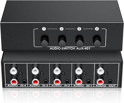 3.5mm Aux + RCA L/R Audio Switch Box 4 in 1 Out Bidirectional, BolAAzuL Stereo Audio Switcher Selector 4X1 Passive a/b Analog Audio Selector No Power Need