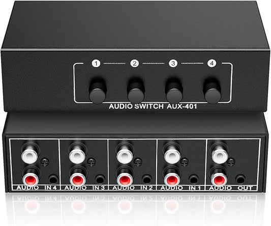 3.5mm Aux + RCA L/R Audio Switch Box 4 in 1 Out Bidirectional, BolAAzuL Stereo Audio Switcher Selector 4X1 Passive a/b Analog Audio Selector No Power Need