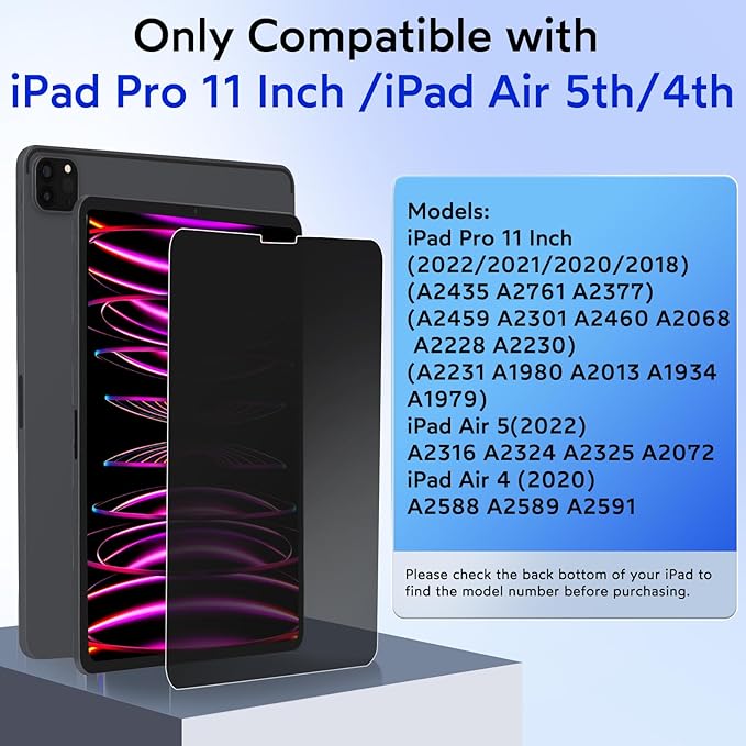 MOBDIK Privacy Screen Protector Compatible with iPad Pro 11 Inch (2022&2021&2020&2018) & iPad Air 5th / 4th Generation (2022&2020), Anti Spy, 9H Tempered Glass, EZ Kit 1 Pack