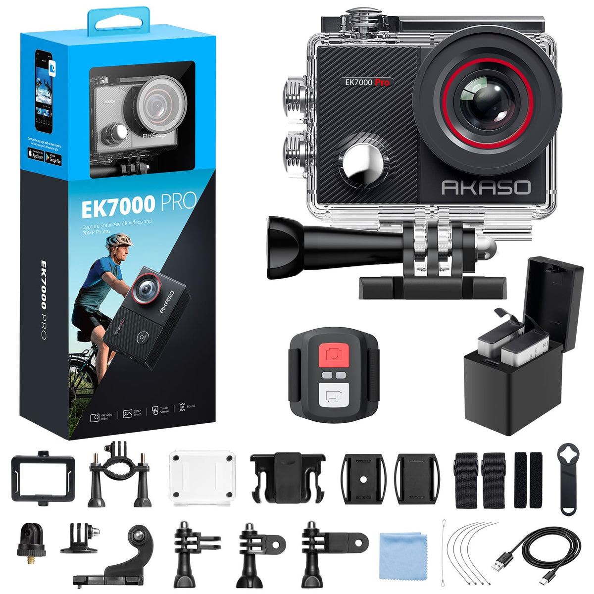 AKASO EK7000 Pro 4K30fps Action Camera with Touch Screen EIS 131ft Waterproof Underwater Camera Remote Control 5X Zoom with Helmet Accessories Kit (with 128GB MicroSD Card)