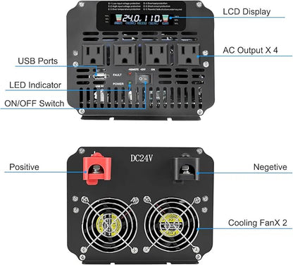 LVYUAN 4000 Watt Power Inverter 24V to 110V 120V for Vehicle, Solar Inverter System, Heavy Duty, RV, Truck, Off Grid,Camping with 4 AC Outlets, LCD Display, Wireless Remote Control, Car Power Inverter