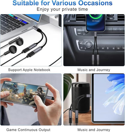 USB C Splitter，2 in 1 USB C Headphone and Charger Adapter Audio Dongle Cable with PD 100W for iPhone 16 15 Pro Max, Pixel 9 8 7, Galaxy S24 S23 S22, iPad Pro