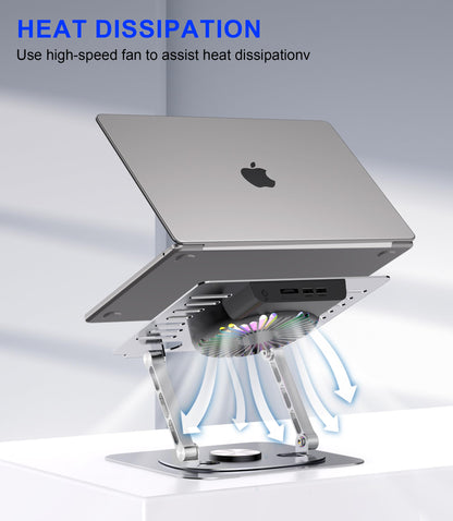 YTech Laptop Stand,with 360°Rotating Base,External Cooling Fan,Adjustable RGB Lighting,Ergonomic Foldable Notebook Computer Holder.Compatible with All 10-17" Laptops Tablets,Silver