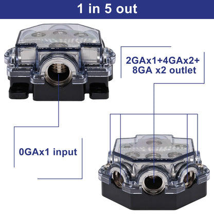 S SYDIEN 2pc Power Distribution Block Car Audio 1 in 5 Ways Out Car Audio Distributions Block 0 Gauge Input 2/4/8 Gauge Out Ground Cable Splitter Distribution Blocks for Automotive