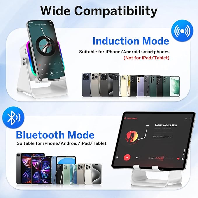 Wireless Induction Speaker 5-in-1 Bluetooth Speaker with Phone Stand,Stereo Sound, 3500mAh Rechargeable, 8 RGB Ambient Light, 360° Adjustable Holder for iPhone/Android/iPad,Gifts for Men Women (White)