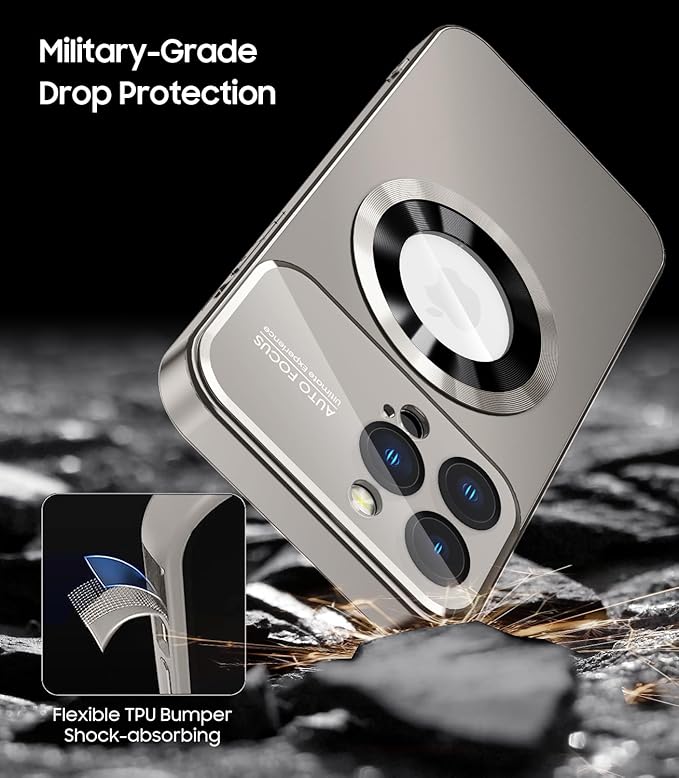Magnetic for iPhone 16 Pro Case, Compatible with MagSafe, Built-in Camera Lens Protector, Logo View, Military Grade Drop Proof Phone Cover, Titanium Gray