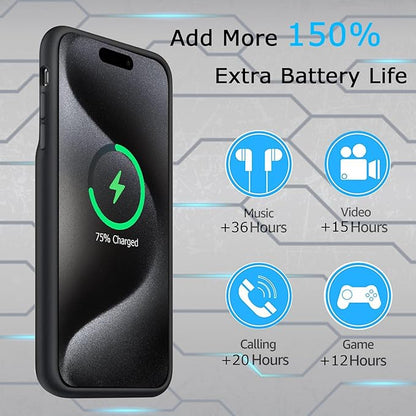 Battery Case for iPhone 15 Pro Max, Full Encircle 12000mAh Capacity Rechargeable Portable Charger Case Extended Battery Pack for iPhone 15 Pro Max(6.7 inch) Wireless Charging Case with Carplay-Black
