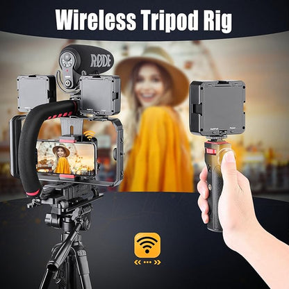 Zeadio Camera Handheld Stabilizer with Smartphone Video Cage Rig, Triple Cold-Shoe Handle Grip Compatible with All Camera Action Camera DSLR Smartphone