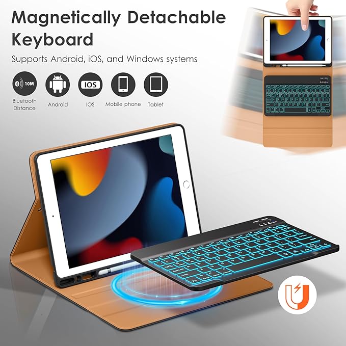 DTTO for iPad 9th/8th/7th Generation 10.2" Case 2021/2020/2019 with Keyboard, 7 Colors Backlit Wireless Detachable Keyboard Premium Leather Folio Cover with Pencil Holder & Pocket, Black