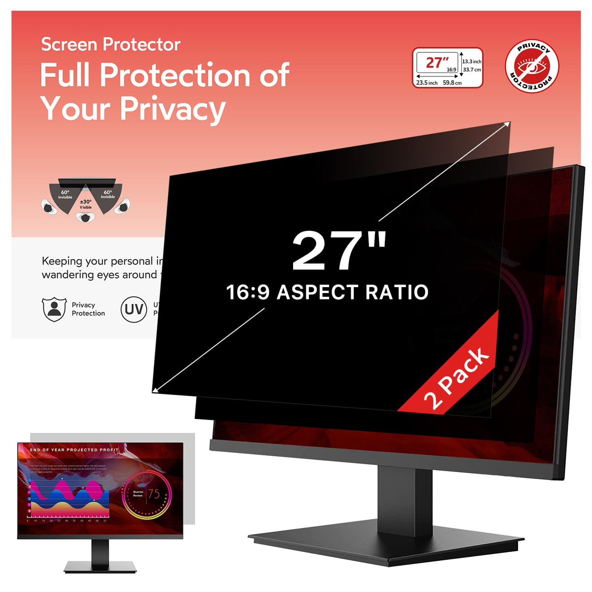 bersem 2 Pack 24 Inch Computer Privacy Screen for 16:9 Ratio Monitors