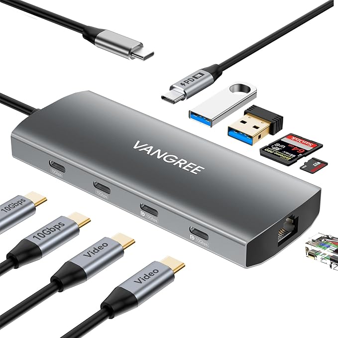 USB C Hub with Dual 4K@60Hz Displayports, 2 USB-A & 2 USBC 3.2 10Gbps Ports, 1Gbps Ethernet, 100W PD, SD/TF, USB C Splitter Docking Station for MacBook Pro/Air, iMac, iPad Pro, XPS, Thinkpad,Surface