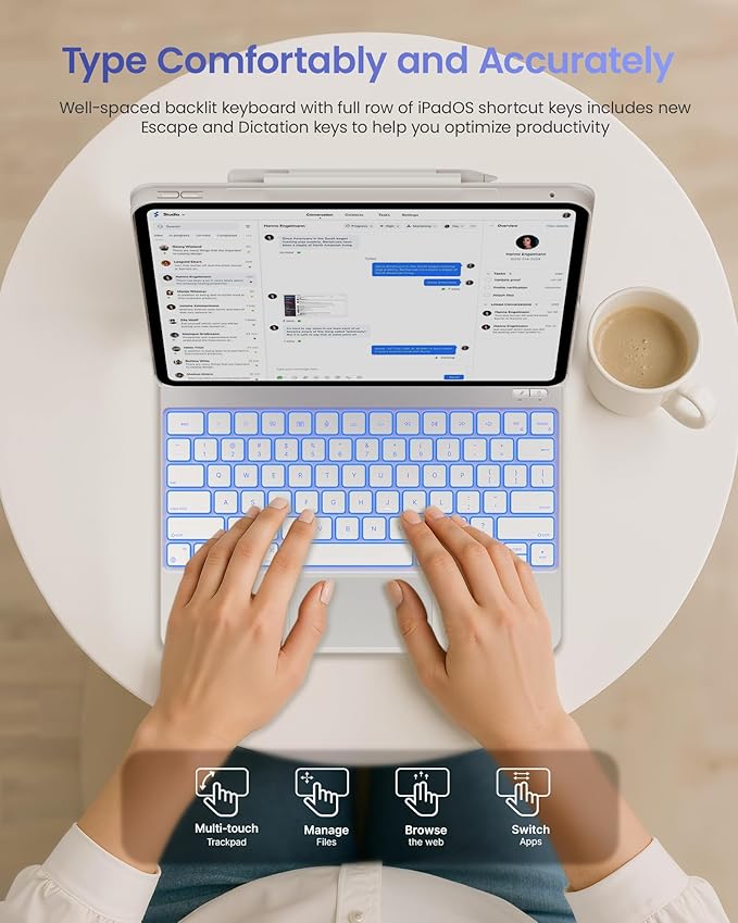 typecase Keyboard Case for 2024 iPad Pro 13-inch (M4), White Keyboard with White Carbon Fiber Protective Case,Portrait & Typing Modes,Built-in Trackpad,11-Color Backlight,Magnetic Stand,Pencil Holder