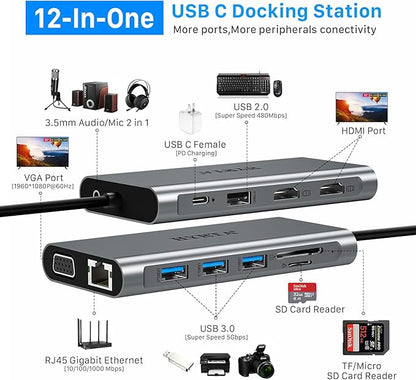 USB C Docking Station,12 in 1 Displaylink USB 3.0 to USB-C Dock Dual Monitor with HDMI,VGA,USB A 3.0,PD3.0, Laptop Docking Station for MacBook Pro&Air/M1/M2/M3/HP and More USB Ports Laptops