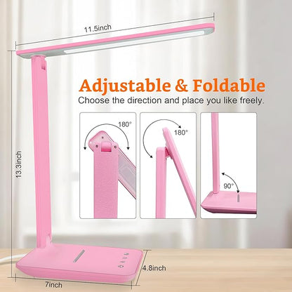 karidi LED Desk Lamp Dimmable Table Lamp with USB Charging Port, 5 Lighting Modes, Sensitive Control, Foldable Portable Desk Light for Home Office Bedroom Reading (Pink, Standard Size - 13.3 inch)