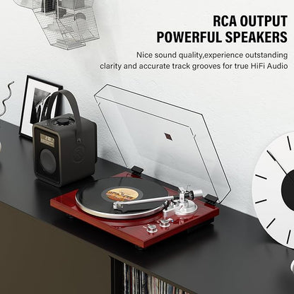 Belt Drive Turntable for Vinyl Record Player,Connect with Bluetooth Speakers or Active Speaker,Built-in Phono Pre-amp,USB Digital Output, Magnetic Cartridge,High-Gloss Wood Design(Red)