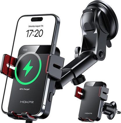 MOKPR Wireless Car Charger, 15W Auto Clamping Car Charger Dash Windshield Air Vent Phone Holder Compatible with iPhone 16 15 14/13/13 Pro/12 pro/12/11/X/8, Samsung S24/S23/S22, red