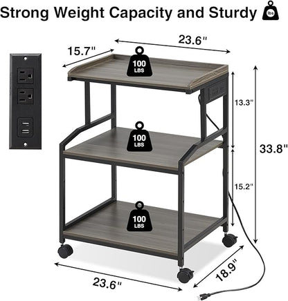 Lauren&Harold 34'' Printer Stand with Power Outlets & USB Ports, 3-Tier Adjustable Rolling Cart, Heavy Duty 150LBS Storage Table with Wheels for Office, Kitchen, Living Room, Grey/Black