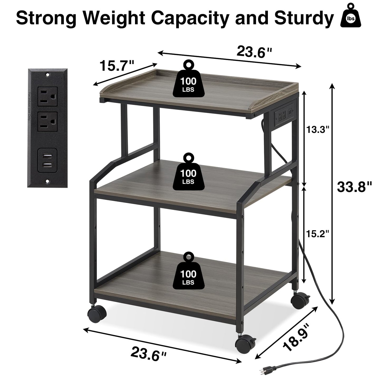Lauren&Harold 34'' Printer Stand with Power Outlets & USB Ports Grey/Black