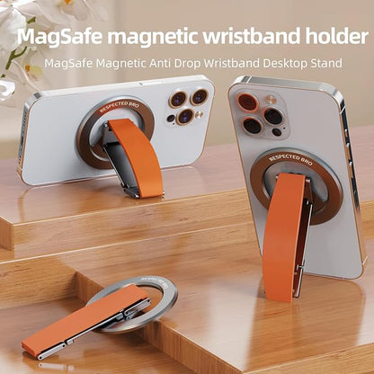 RESPECTED-BRO-Magnetic-Phone-Grip-Stand, Magnetic Phone Ring Holder Kickstand with Silicone Finger Strap, Compatibility for iPhone 17/16/15/14/13/12, Android, and More (Orange)