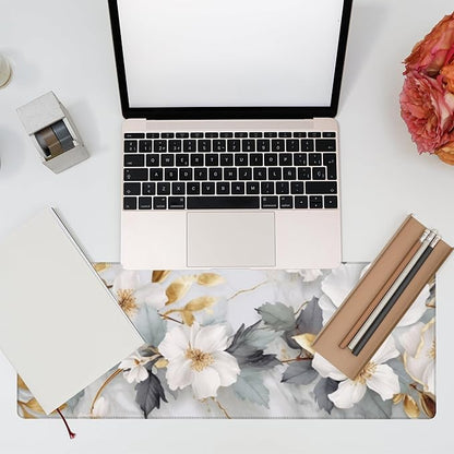Desk Mat,White Gold Marble Desk Pad,White Flowers Golden Leaves Large Gaming Mouse Pad for Desk,Extended Big Computer Keyboard Mouse Pad with Non-Slip Base and Stitched Edge,31.5"x11.8"