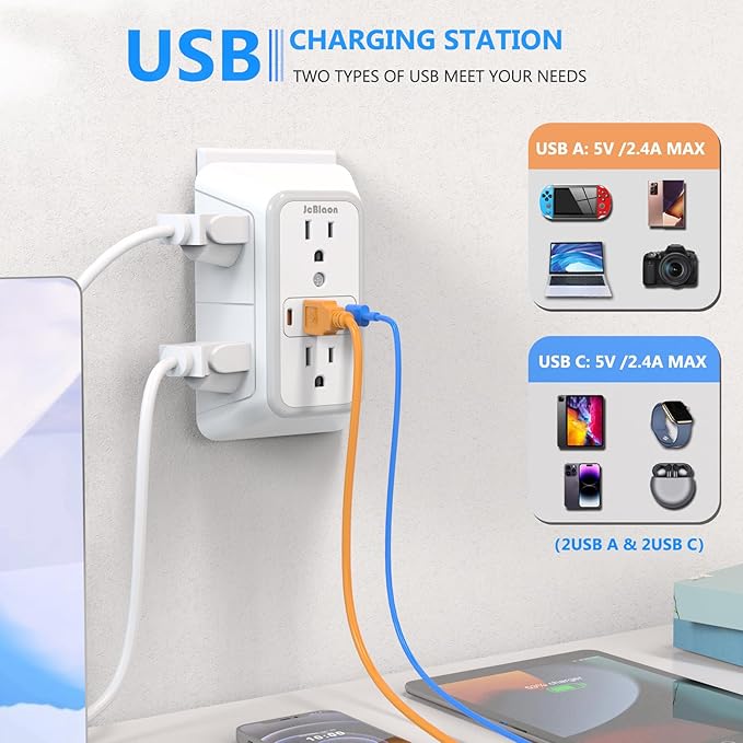 3 Pack Surge Protector Outlet Extender, 6 Outlet Splitter with 4 USB Ports (2 USB C), Multi Plug Wall Outlet 1050J Power Strip, USB Wall Charger for Home Office Kitchen Travel-ETL