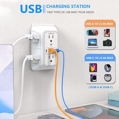 3 Pack Surge Protector Outlet Extender, 6 Outlet Splitter with 4 USB Ports (2 USB C), Multi Plug Wall Outlet 1050J Power Strip, USB Wall Charger for Home Office Kitchen Travel-ETL