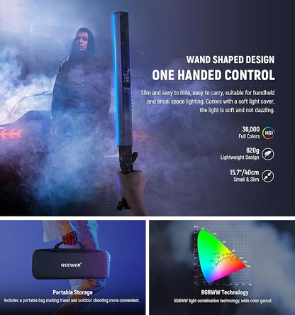NEEWER RGB2 LED Tube Light Stick with Metal Barndoor, Handle, Touch Bar/APP/2.4G Control, Rechargeable Magnetic Handheld RGB Video Light, 2500K-10000K CRI98+ Dimmable Photography Lighting, 18 Scenes
