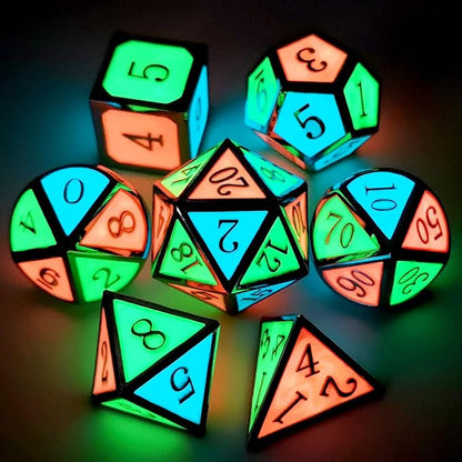 Haxtec Glow in The Dark Glowing Blue Red Green Silver Metal Dice Set D&D 7PCS DND Dice Set Compatible with Dungeons and Dragons RPG Games-Silver Glowing Blue Green Red