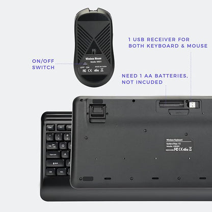 Wireless Keyboard and Mouse Set with Quiet Keys, 2.4G Full Size Ergonomic Keyboard with Wrist Rest, Protective Covers, Soft Touch Silent Design for Windows, Computer, PC and Laptop