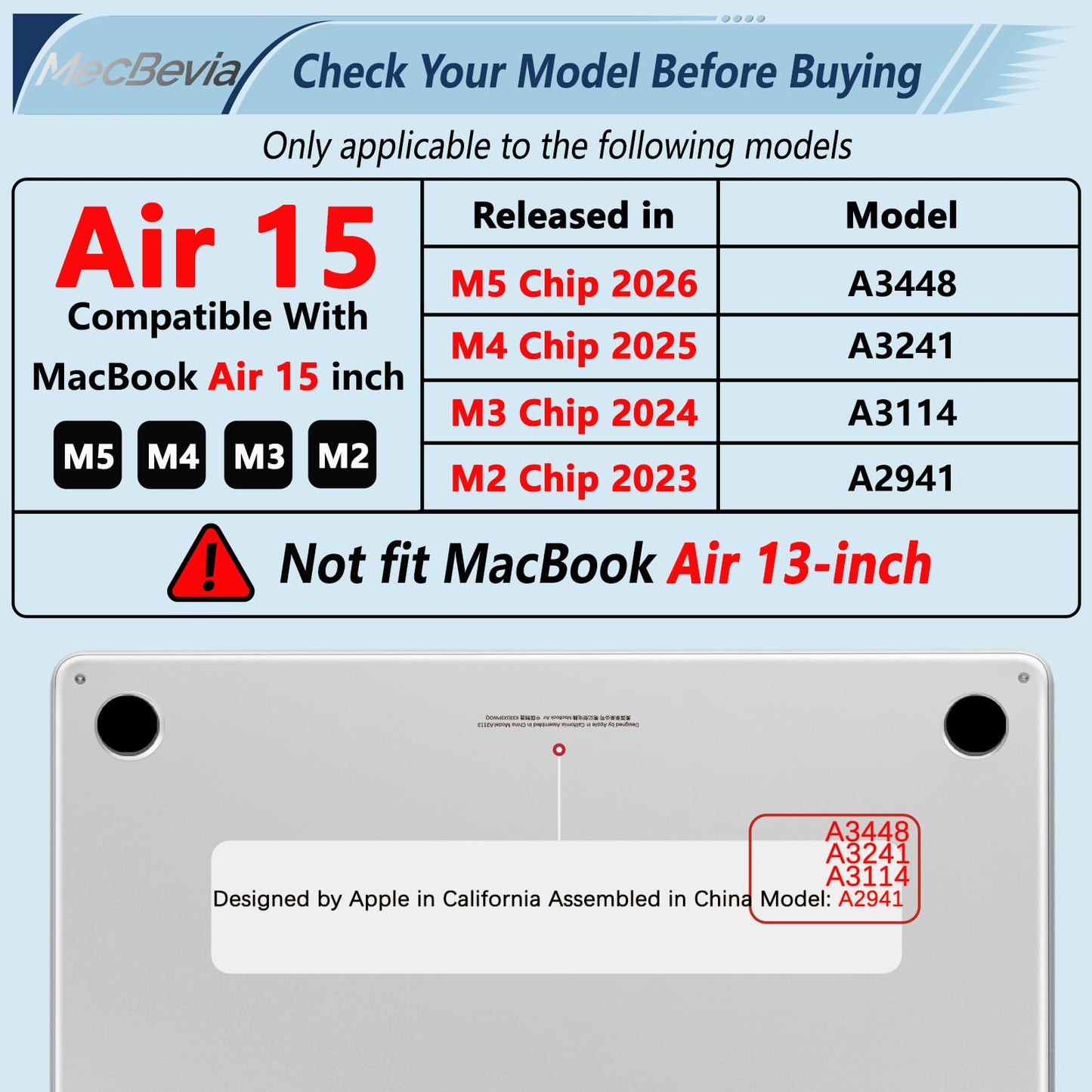 MecBevia Compatible with MacBook Air 15 inch Case M5 M4 M3 M2 2026-2023