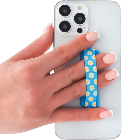 LOVEHANDLE Universal Phone Grip for Smartphones & Mini Tablets - Phone Holder for Hand - Wireless Charging Compatible - Made in The USA - Blue Happy Daisy