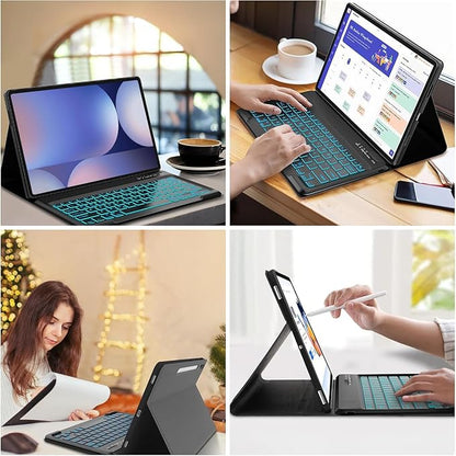 Galaxy Tab S9 FE+/ S9+ /S10+ 12.4 Inch Case with Keyboard, 7-Color Backlit Keyboard with S Pen Holder for Samsung Tab S10 Plus/S9FE Plus 5G 12.4" Black