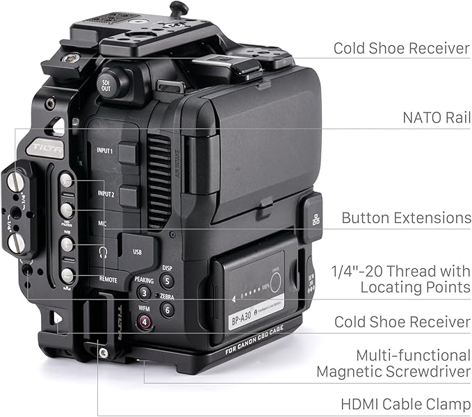 Tilta Camera Cage Compatible with Canon C80 Base Kit | Includes Top Plate, Side Arms, Bottom Plate, NATO Rail, HDMI Clamp & Cold Shoe Receiver | Custom Fit for C80 Body