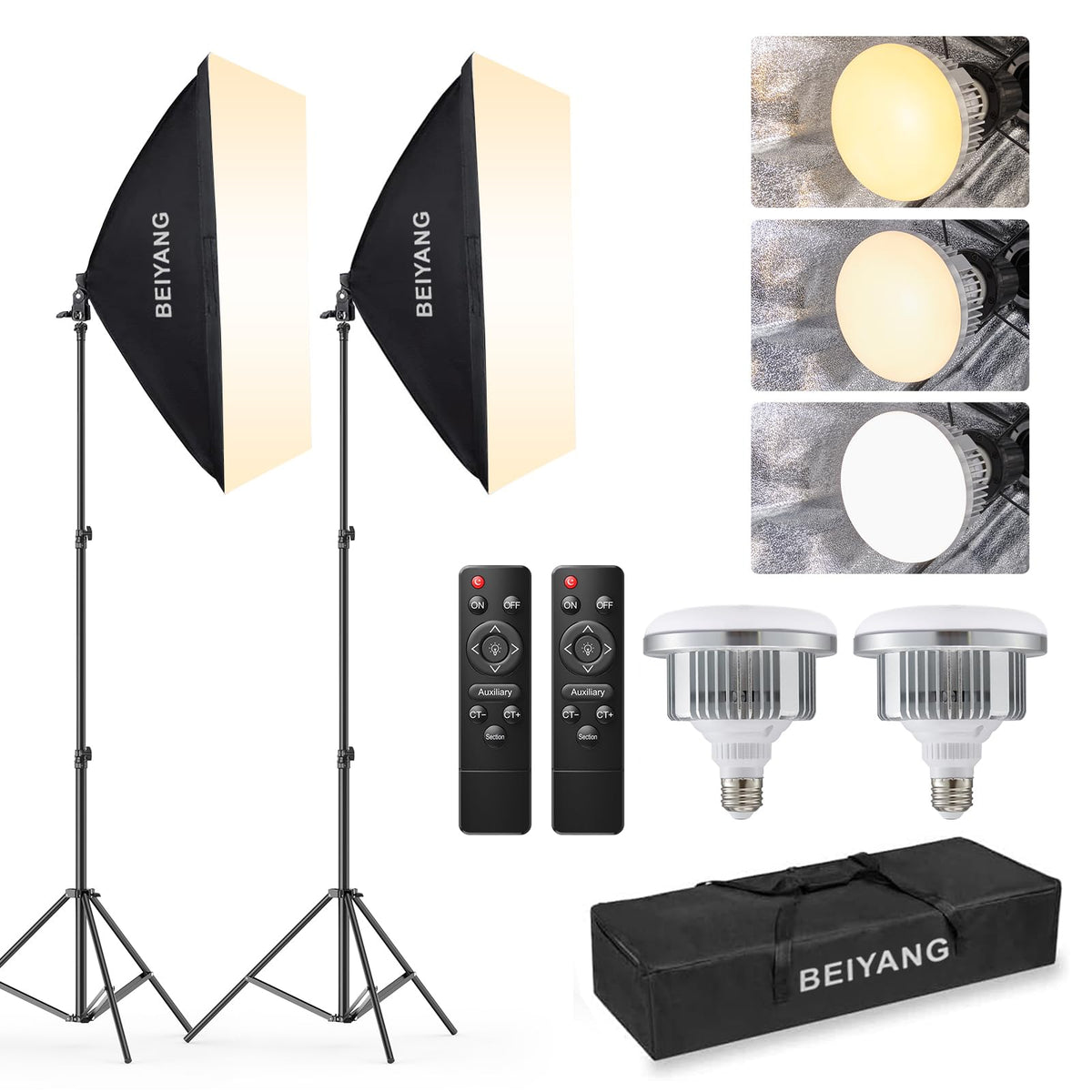 BEIYANG Softbox Lighting Kit, 2x20''x28'' Photography Soft Box with 2 pcs 6000K E27 LED Socket LED Bulbs, Studio Lights for Photography/Video Recording/Live Streaming