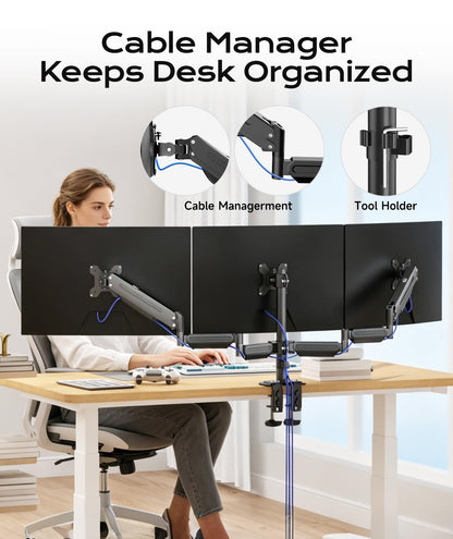 Pholiten Triple Monitor Mount for Desk, 2 Gas Spring Monitor Arms for 17-32 inches Screen, Fully Adjustable Heavy Duty Monitor Mount with Clamp & Grommet Mounting, Each Arm Holds 22 lbs
