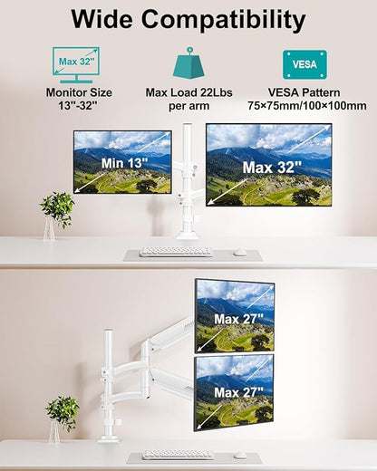Dual Monitor Stand for Desk, Taller Monitor Arms for 2 Screens up to 32 inch, Ergonomic Adjustable Gas Spring Double Computer Monitor Mount, Holds 4.4-22lbs, VESA 75/100mm, White, Freelift