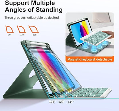 for iPad 11th 10th Generation Case with Keyboard, Magnetic 720° Rotatable Cover Detachable Wireless Bluetooth Backlit Keyboard with Pencil Holder for iPad 11 inch A16 2025 & 10.9 inch 2022 -Dark Green