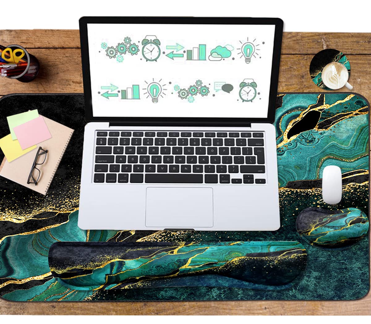 Keyboard Mouse Pad Set, Extended Mouse Pad+Keyboard Wrist Rest Support, Memory Foam Ergonomic Easy Typing, 3Pcs (35.4×15.7 in) Desk Pad Set for Home Office Study Game - Malachite Marble