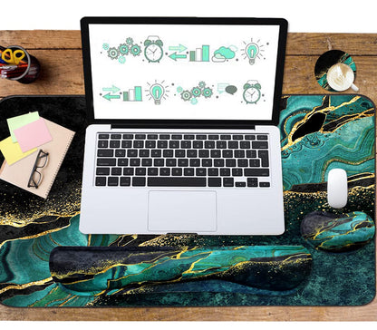 Keyboard Mouse Pad Set, Extended Mouse Pad+Keyboard Wrist Rest Support, Memory Foam Ergonomic Easy Typing, 3Pcs (35.4×15.7 in) Desk Pad Set for Home Office Study Game - Malachite Marble