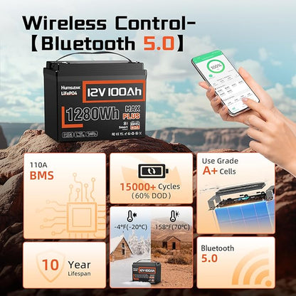 12V 100Ah LiFePO4 Lithium Battery MAX PLUS, Built-in 110A BMS & Bluetooth 5.0 APP, 15000+ Deep Cycles Lithium Batteries, Max. 1280Wh, 10-Year Lifespan for RV, Marine, Trolling Motors