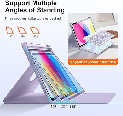 for iPad 11th 10th Generation Case with Keyboard, Magnetic 720° Rotatable Cover Detachable Wireless Bluetooth Backlit Keyboard with Pencil Holder for iPad 11 inch A16 2025 & 10.9 inch 2022 -Purple