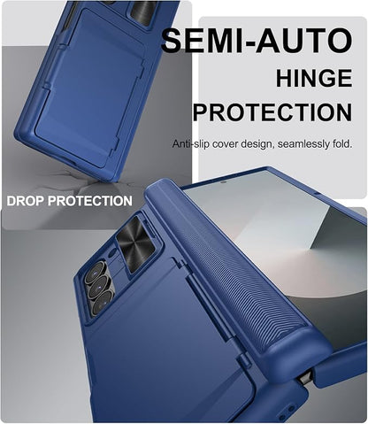 for Samsung Galaxy Z Fold 6 Case with Card Holder & Hinge Protection, Built-in Screen Protector & Camera Cover, Sturdy Durable Protective Multifunctional Wallet Phone Case for Z Fold 6 5G, Blue